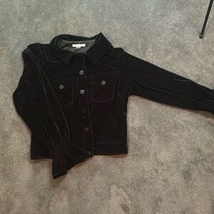 Women’s velour button up with puffed shoulder and cinched wrist detailing